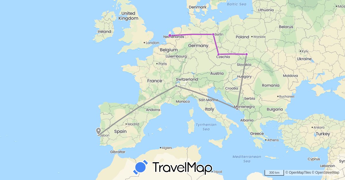 TravelMap itinerary: driving, plane, train in Czech Republic, Germany, France, Croatia, Netherlands, Poland, Portugal (Europe)